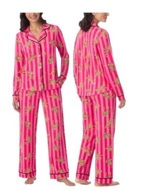 NWT Room Service Women's Notch Collar PJ Set, Pink  (Jaguar Stripe)